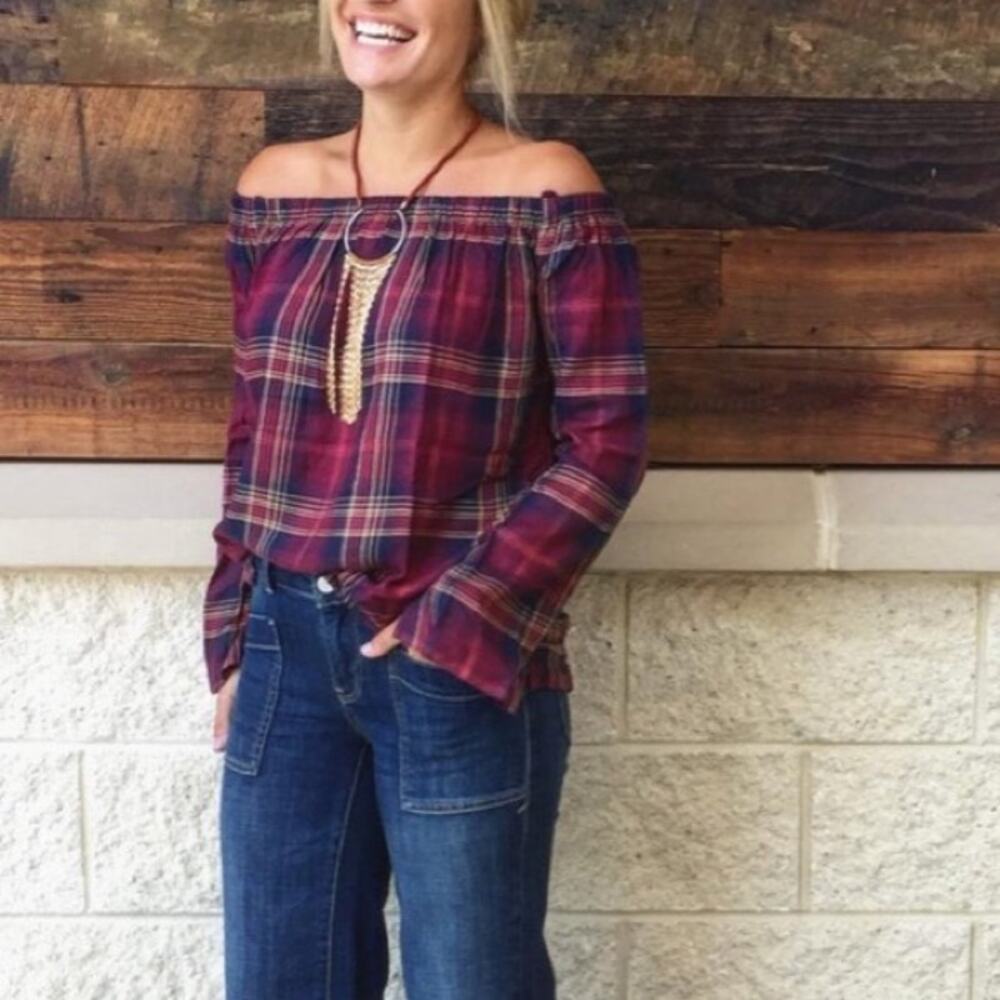 Anthropology cloth and stone plaid off the shoulder blouse/shirt Medium